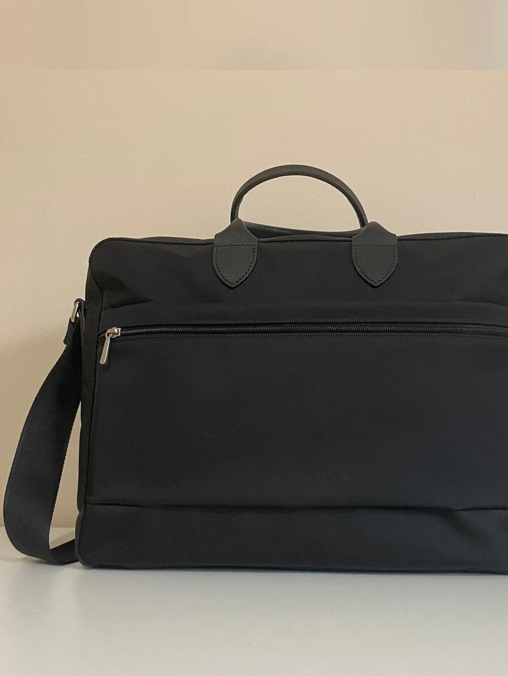 Longchamp Black Cowhide Leather Trim Briefcase with Shoulder Strap